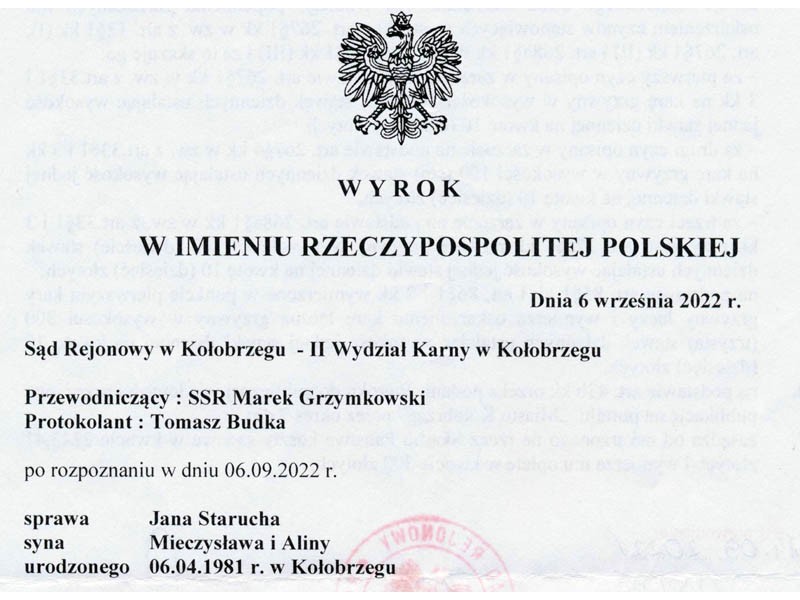 Publikacja wyroku Sądu Rejonowego w Kołobrzegu